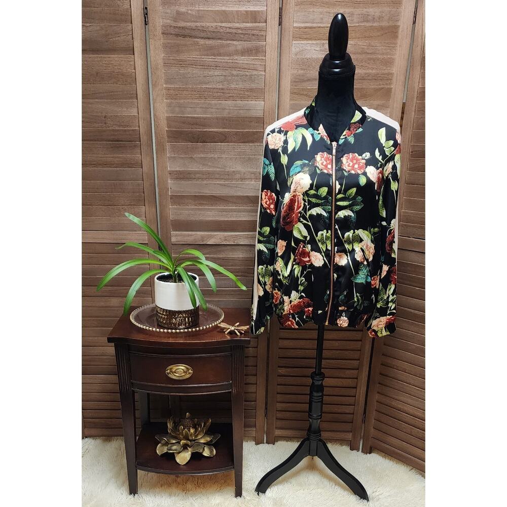 Jeans By Buffalo Womens Size Large L Retro Floral Rose Zip-Up Black Jacket
